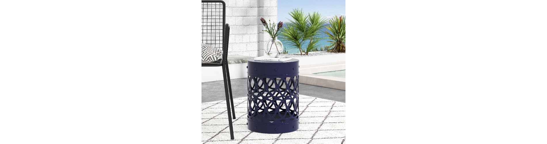 Lyngins Iron Cut Design Outdoor End Tables, Cylindrical Patio End Table, Outdoor Side Table with Overlapping Circle Pattern, Navy Blue
