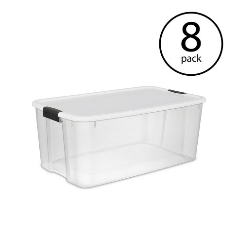  Sterilite 106 Quart Latching Box, Storage Bin with Latching Lid,  Stackable, Organize Blankets & Sports Gear in Garage, Clear with White Lid,  4-Pack