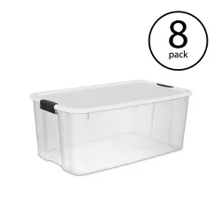 Sterilite Storage System Solution with 116 Quart Clear Stackable Storage Box Organization Containers with White Latching Lid, 8 Pack