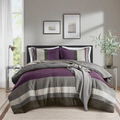 2 Piece Luxe Microsuede, Pieced Design Color Block Stripes Bedding Comforter Sets, Winter Soft Brushed Microfiber Reverse, Matching Sham