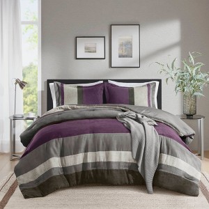 2 Piece Luxe Microsuede, Pieced Design Color Block Stripes Bedding Comforter Sets, Winter Soft Brushed Microfiber Reverse, Matching Sham - 1 of 4