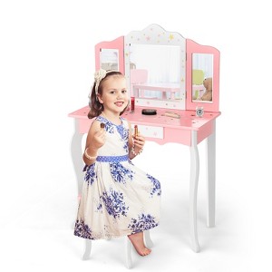 Infans Kids Vanity Princess Makeup Dressing Table Stool Set W/ Mirror Drawer Pink - 1 of 4