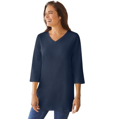 Woman Within Plus Size Perfect Three-Quarter Sleeve V-Neck Tunic