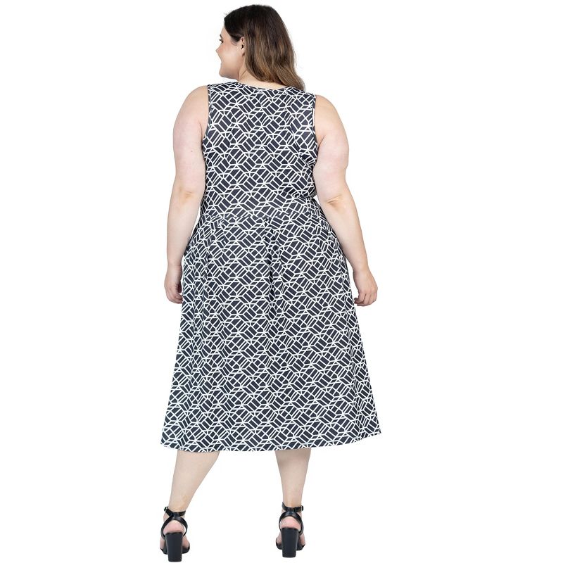 24seven Comfort Apparel Plus Size Midi Length Black Geo Print Sleeveless Pleated Pocket Dress, 3 of 7