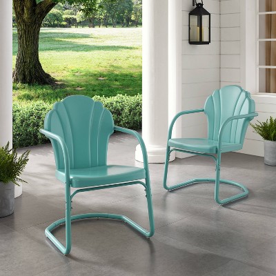 Teal and Blue Green Scalloped Steel Retro Patio Chairs, Set of 2