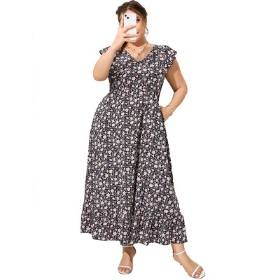 Clearlove Women's Summer Plus Size Dress Ruffle Cap Sleeveless V Neck Side Split Long Beach Maxi Dress