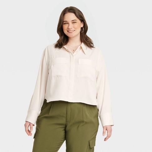 Women's Long Sleeve Button-Down Cropped Shirt - Universal Thread