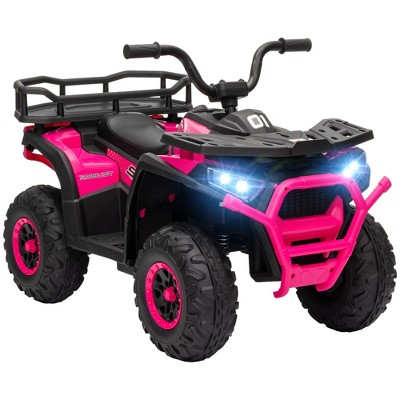 Qaba 12V Kids ATV, Battery Powered 4 Wheeler Quad w/ Spring Suspension Wheels, Rear Storage Basket, Lights, Music, Pink