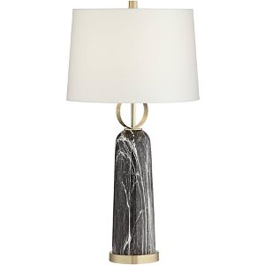 Possini Euro Design Modern Table Lamp Black Faux Marble White Drum Shade For Living Room Bedroom Bedside Nightstand Office Family Target