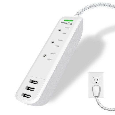 Philips 3-outlet Grounded Braided Extension Cord With Usb 3 Ports 3.4a 360j 6 Braided - White : Target