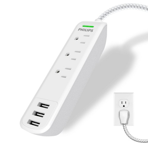 Philips Grounded Braided Extension Cord With Usb 3 Ports 3.4a 360j 6' Braided - White : Target