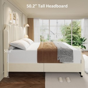 Queen Size Beige Platform Bed Frame, 50.2 in Headboard, Upholstered Bed Frame, Vertical Channel Tufted, Nailhead Trim, No Box Spring Needed - 1 of 4