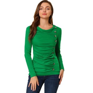 Allegra K Women's Cowl Neck Long Sleeves Buttons Decor Solid Ruched Top - 1 of 4