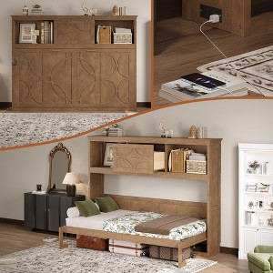 TIRAMISUBEST Twin Size Rustic Murphy Bed with Charging Station, Storage Folding Bed Frame with 2 Open Cabinets and 1 Drawer - 1 of 4