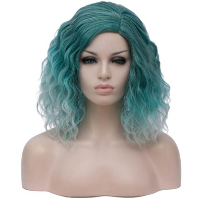 Unique Bargains Women's Curly Wigs 14" Gradient Green with Wig Cap Fluffy Curly Wavy