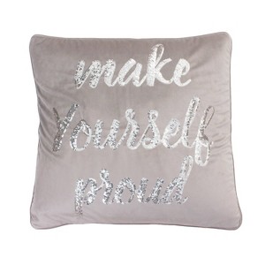 Marnie Make Yourself Proud Sequin Script Velvet Square Throw Pillow Light Gray - Décor Therapy