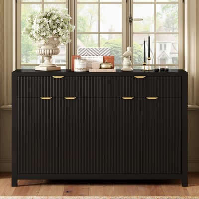 VYNXARIA Modern Wave-Pattern Sideboard Cabinet with 2 Drawers and 4 Doors, 3-Level Adjustable Shelves, Aluminum Arc Handles£¬Black