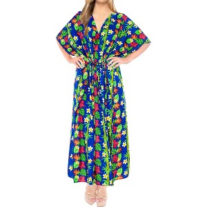 LA LEELA Women's House Daily Routine Evening Wear Vacation Holiday Casual Loungewear Loose Caftan Slit Dress Maxi House Sleep Shirt 2X-3X Blue, Floral - 1 of 4