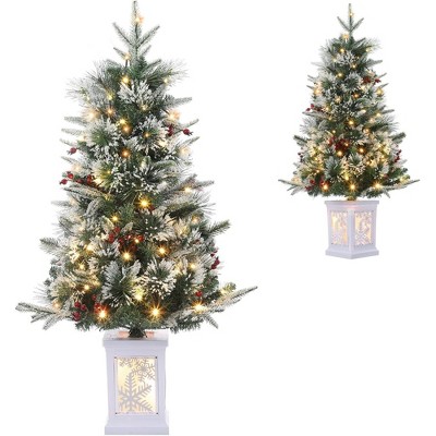3FT Small Pre-Lit Artificial Christmas Tree with 78 LED Lights, Snow Flocked Xmas Tree with Red Berries, Pine Cones, Timer/Battery-Operated Base