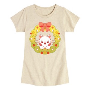 Girls' - Instant Message - Christmas Chibi Cat Wreath Fitted Short Sleeve Graphic T-Shirt - 1 of 4