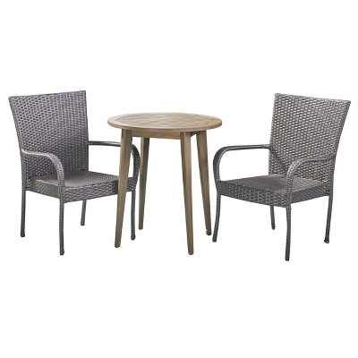 Linwood 3pc Acacia & Wicker Bistro Set - Gray - Christopher Knight Home