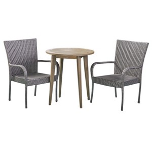 Linwood 3pc Acacia & Wicker Bistro Set - Gray - Christopher Knight Home: Weather-Resistant, No Cushion, Spot Clean - 1 of 4