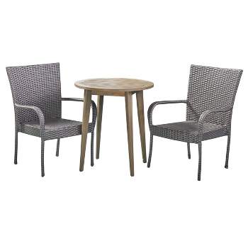 Linwood 3pc Acacia & Wicker Bistro Set - Gray - Christopher Knight Home