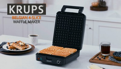 Black Stainless Steel 4-Slice Belgian Waffle Maker with Adjustable Temperature