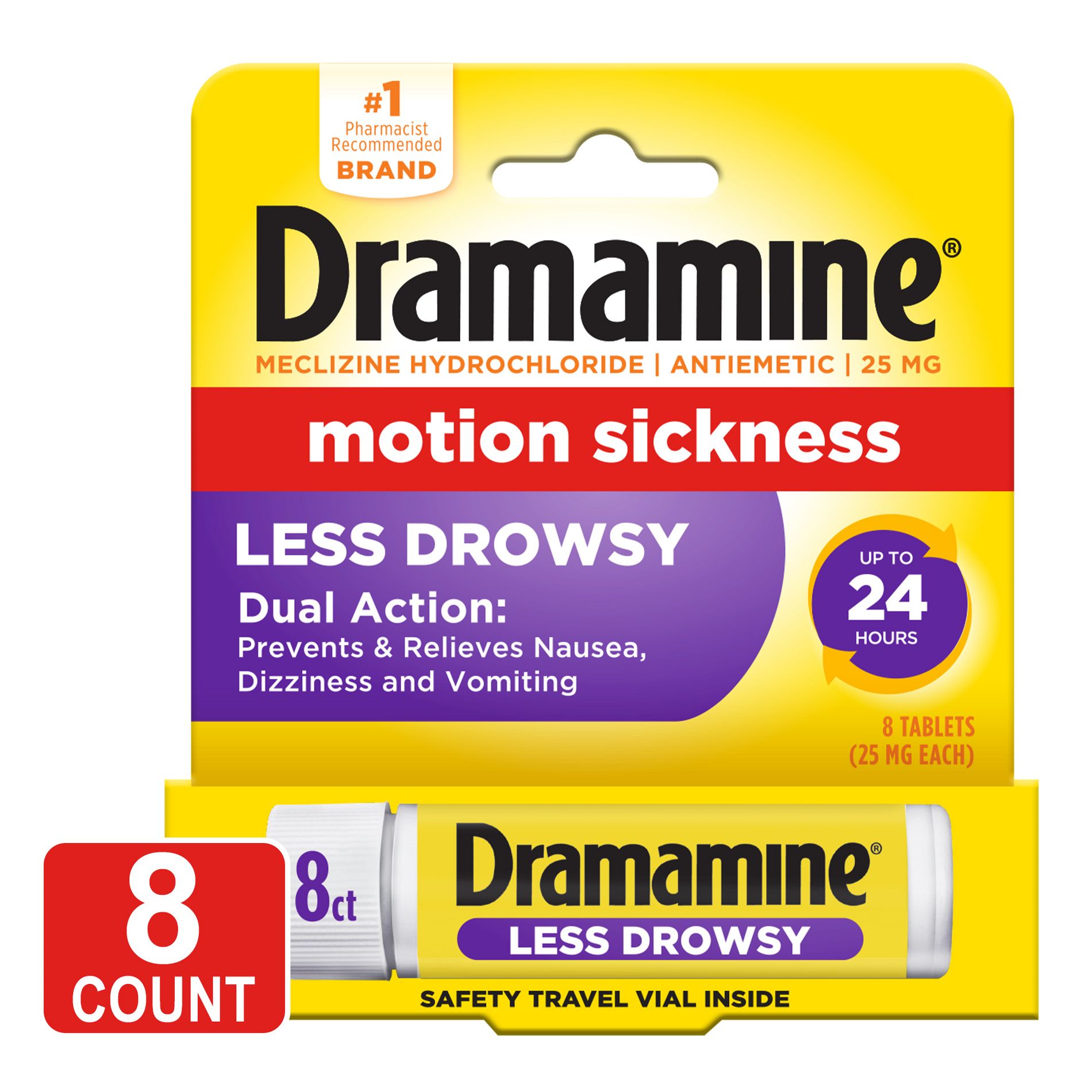 Dramamine All Day Less Drowsy Motion Sickness Relief Tablets for Nausea, Dizziness & Vomiting - 8ct