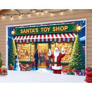 Santa's Workshop Garage Door Cover ，Christmas Holiday Decor with Ribbon Strings ，Santa & Elves Scene for Home, Church, Party Decorations Reusable - 1 of 4
