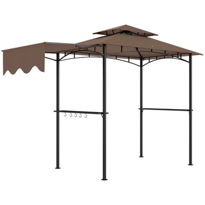 Outsunny 8' x 5' Grill Gazebo, Double Tiered Outdoor BBQ Gazebo with Side Awning, 2 Side Shelves and 6 Hooks for Patio, Deck, Yard, Brown