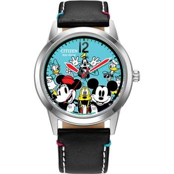 Citizen Disney Eco-Drive watch featuring Mickey & Friends 2-hand Silver Tone Black Leather