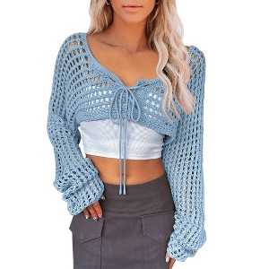 Coolmee Women's Cropped Cardigan Hollow Out Tie Up Long Bell Sleeve Sheer Crochet Shrug Bolero - 1 of 4