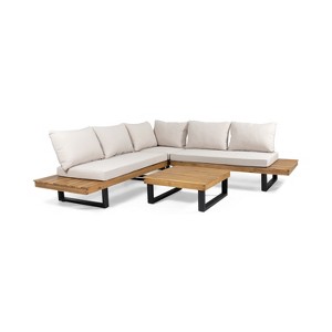 GDFStudio Raleigh Outdoor Acacia Wood 5 Seater Sectional Sofa Chat Set with Cushions, Teak/Beige - 1 of 4