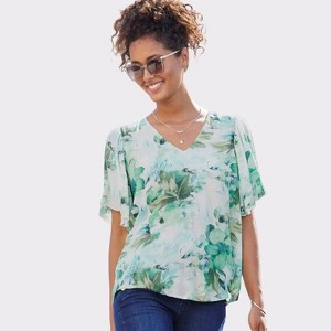 Women's Floral Flutter Sleeve Blouse Shirt - LASCANA - 1 of 4