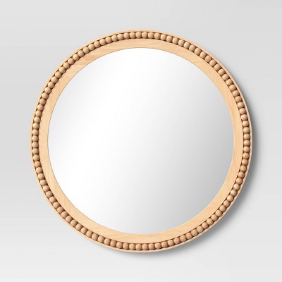 Photo 1 of 28&#34; Dia Round Wooden Beaded Wall Mirror Natural - Threshold&#8482;