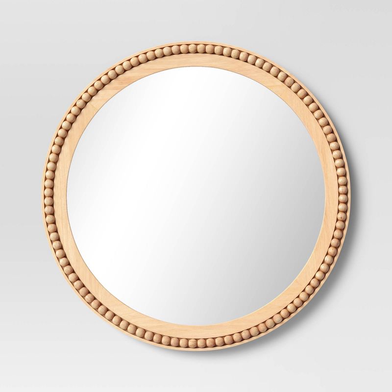28&#34; Dia Round Wooden Beaded Wall Mirror Natural - Threshold&#8482;, 1 of 10
