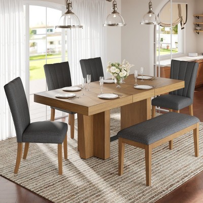 6-Piece Extendable Dining Table Set with 1 Bench and 4 Upholstered Chairs, Solid Wood Frame Kitchen Dining Set for Dining Room–The Pop Home