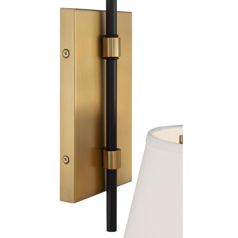 Possini Euro Design Mid Century Modern Wall Light Sconce Brass Black Hardwired 8" Fixture White Linen Shade for Bedroom Living Room, 4 of 10