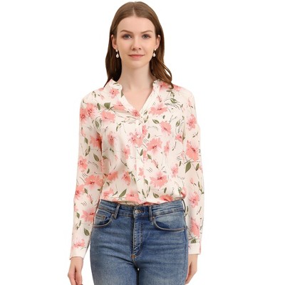 Allegra K Women's Floral Loose V Neck Long Sleeve Button-Up Shirt