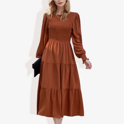 Anna-Kaci Women's Long Sleeve Smocked Maxi Dress with Tiered Skirt and Elegant Crew Neck Design for Stylish Casual Wear