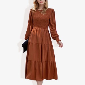 Anna-Kaci Women's Long Sleeve Smocked Maxi Dress with Tiered Skirt and Elegant Crew Neck Design for Stylish Casual Wear - 1 of 4