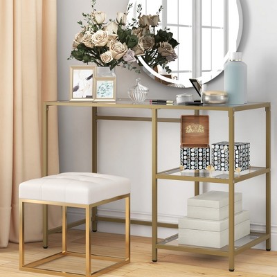 Gold Metal and Glass Console Table with Storage Shelves