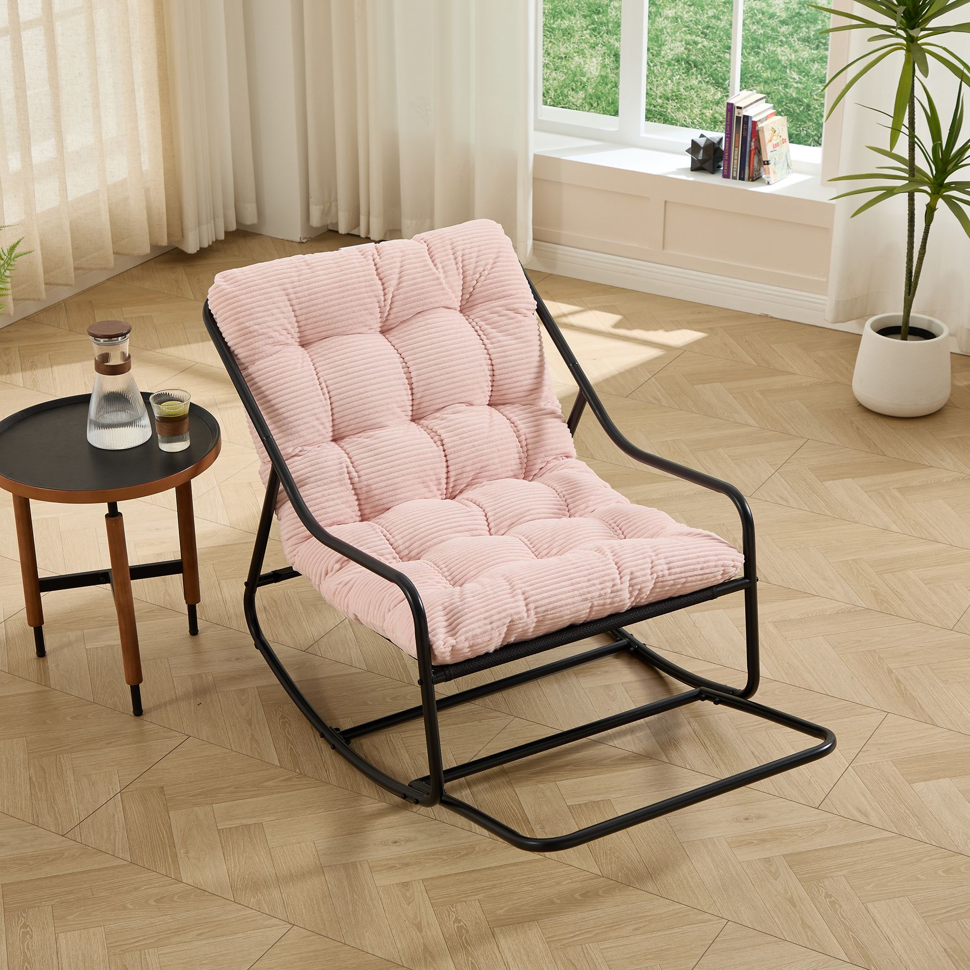 Rbied Metal Rocking Chair with Pink Cushion for Patio, Living Room, Bedroom