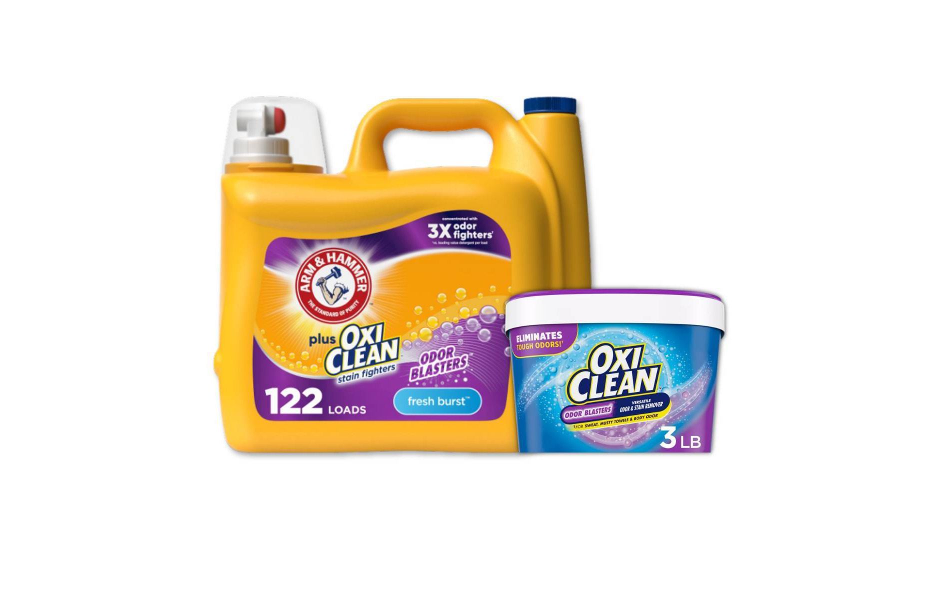 Arm & Hammer Plus OxiClean with Odor Blasters Fresh Burst Liquid Detergent 122 Loads 158.6oz + 3lbs OxiClean Versatile Stain Remover Powder