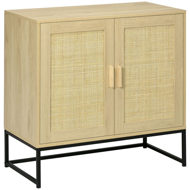 HOMCOM Accent Cabinet, Sideboard Buffet Cabinet with Rattan Doors, Adjustable Shelf and Metal Base, Boho Storage Cabinet, Natural, 1 of 7