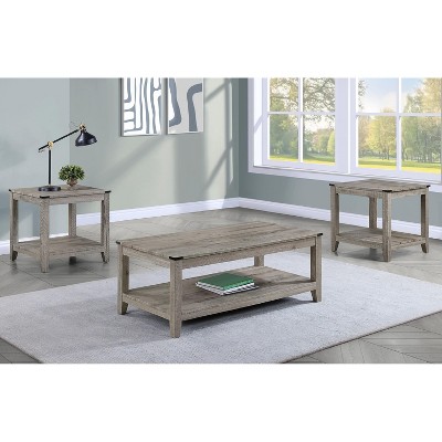Rustic Gray Brown 3-Piece Cocktail Set Wooden Table Top Rectangular Coffee Table and Two Matching Square End Tables Living Room Wooden Furniture Retro