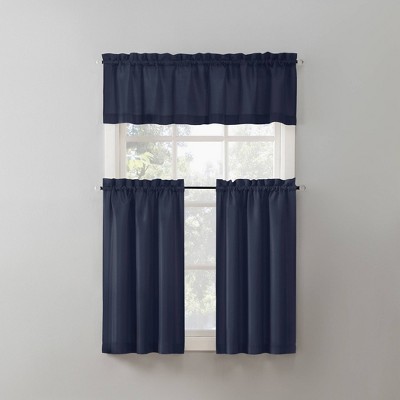 Navy Blue Sheer Polyester Rod Pocket Kitchen Curtain Set