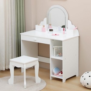 Kids Vanity with Lighted Mirror, 2 in 1 Little Girls Vanity Table & Stool, Kids Makeup with Drawer & Open Shelves for 3-9 Yrs Girls - 1 of 4