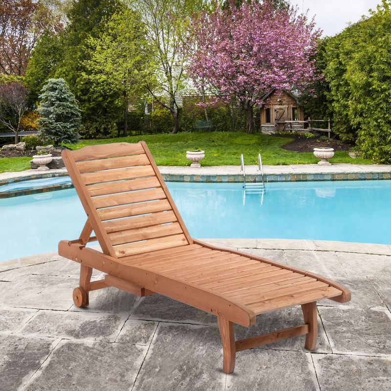 Outsunny Outdoor Chaise Lounge Pool Chair, Built-In Table, Reclining Backrest for Sun tanning/Sunbathing, Rolling Wheels, Red Wood Look, 4 of 10